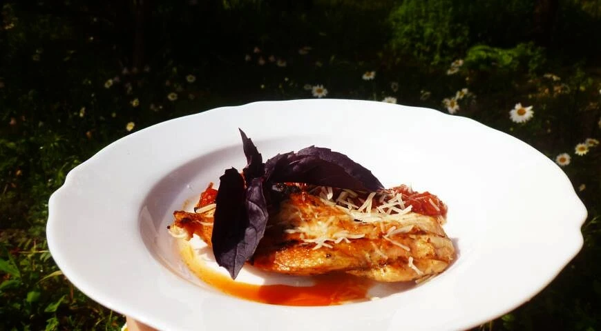 Grilled Chicken Breast with Tomato Basil Sauce and Parmesan