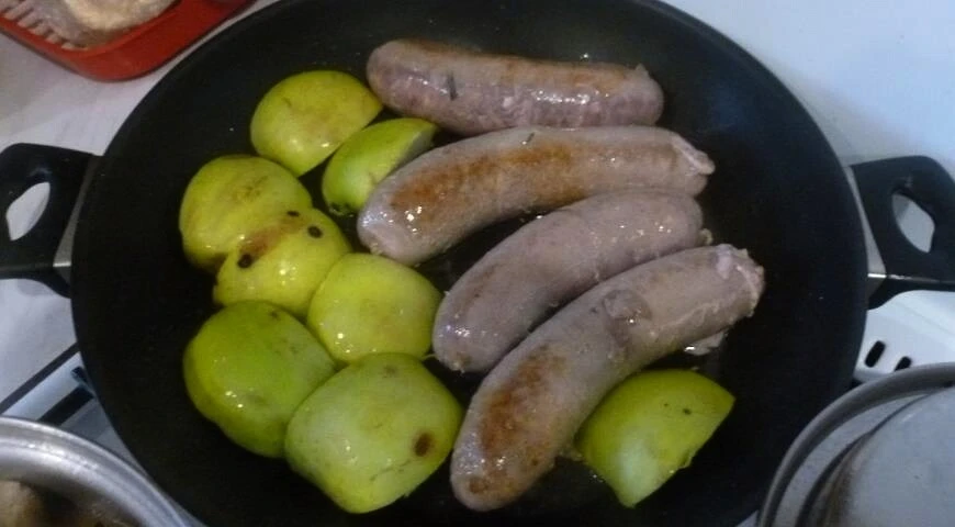 Pork sausages with mushroom sauce and celery puree