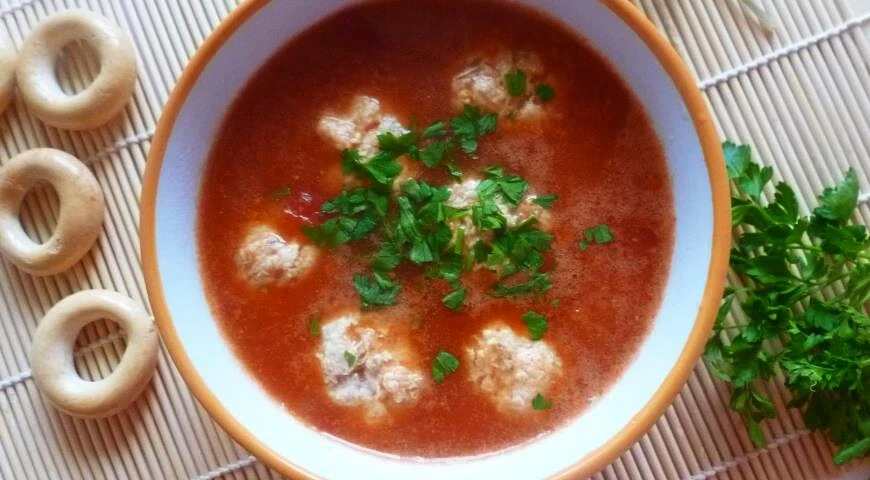 Tomato soup with interesting meatballs