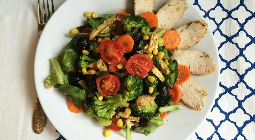 Bright and light summer salad with turkey and broccoli