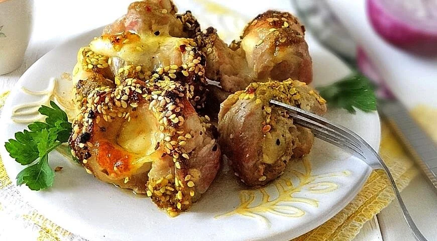 Pork skewers with cheese in fragrant golden breading