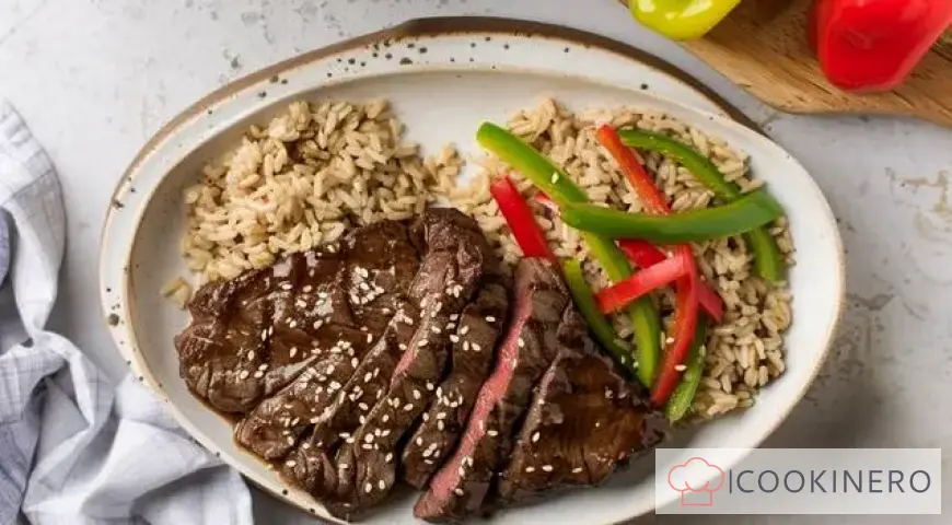 Quick Beef Steak with Rice and Bell Pepper Garnish