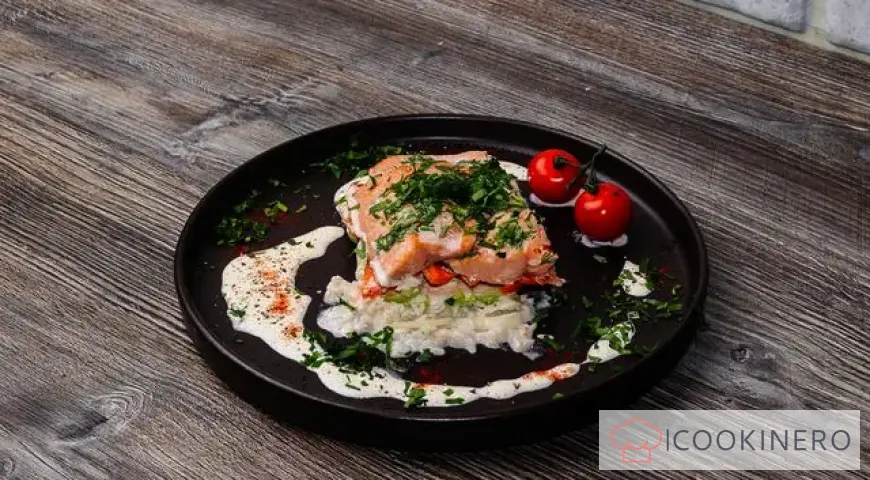 Pink salmon baked with rice and vegetables