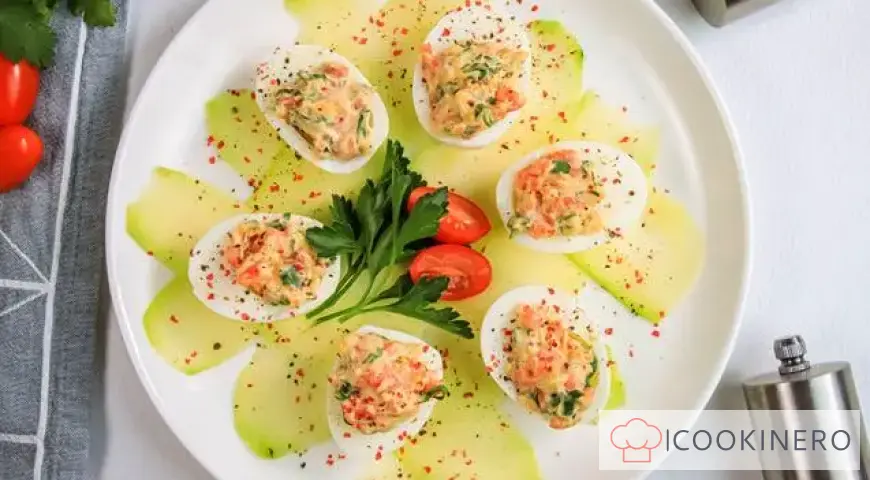 Eggs stuffed with pink salmon
