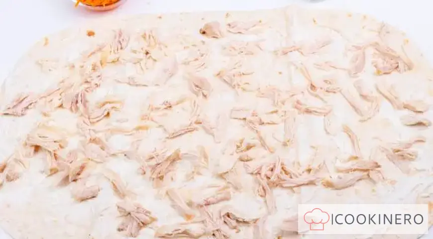 Lavash roll with chicken, Korean carrots and cottage cheese