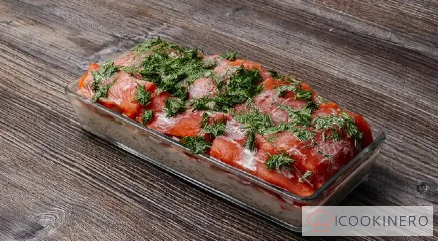 Pink salmon baked with rice and vegetables