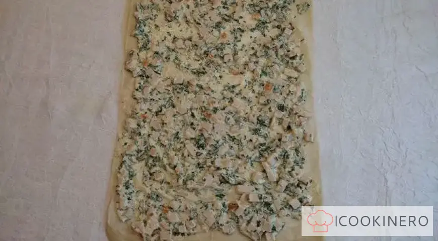 Lavash with smoked chicken in a frying pan