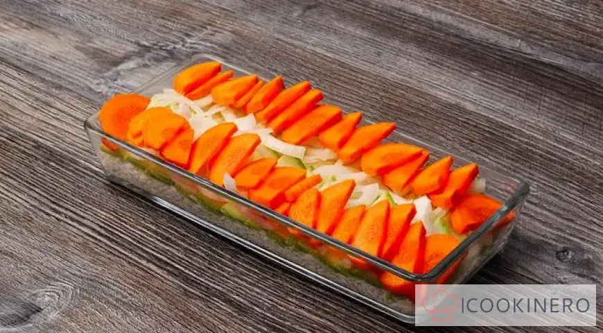 Pink salmon baked with rice and vegetables