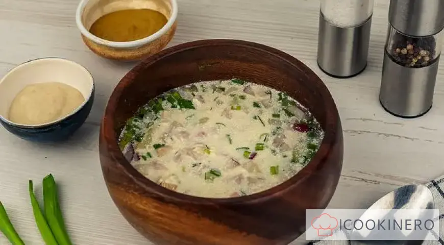 Okroshka with water and mayonnaise and ham