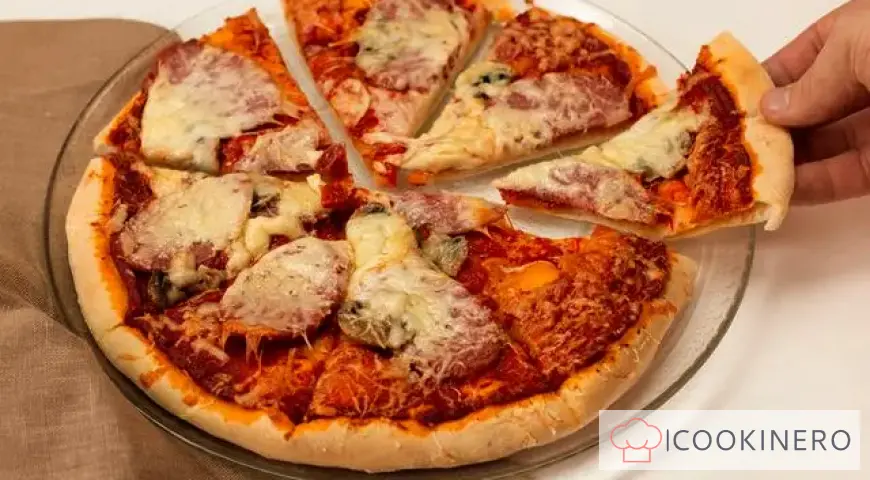 Pizza with mushrooms, salami, parmesan and mozzarella cheeses