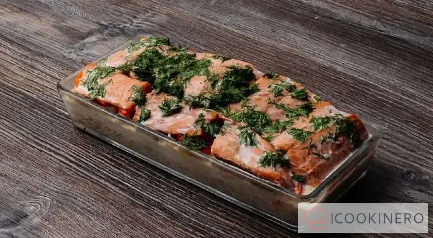 Pink salmon baked with rice and vegetables