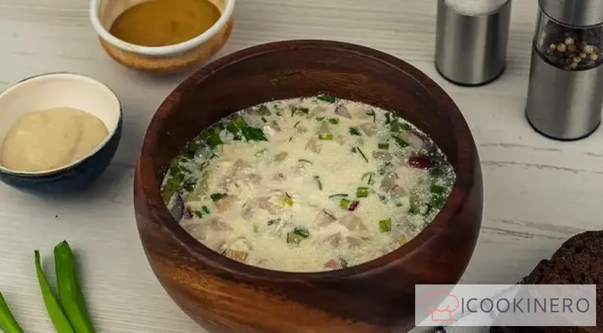 Okroshka with water and mayonnaise and ham