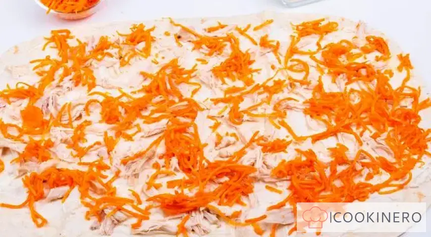 Lavash roll with chicken, Korean carrots and cottage cheese
