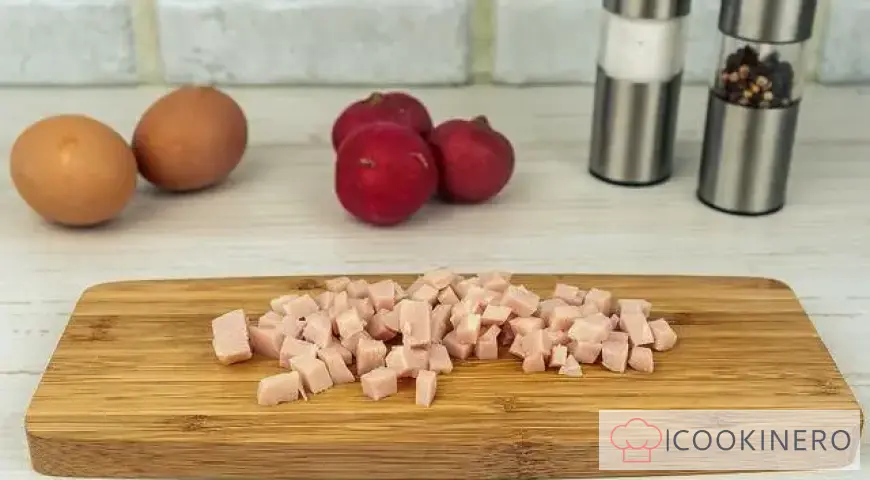 Okroshka with water and mayonnaise and ham