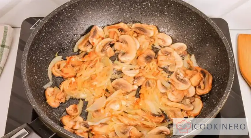 Potato casserole with cheese, chicken and mushrooms