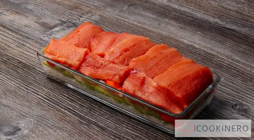 Pink salmon baked with rice and vegetables