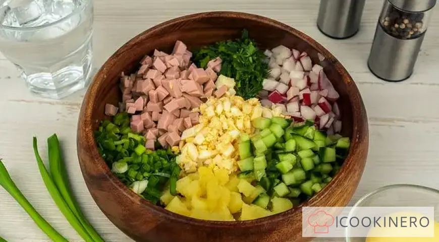 Okroshka with water and mayonnaise and ham