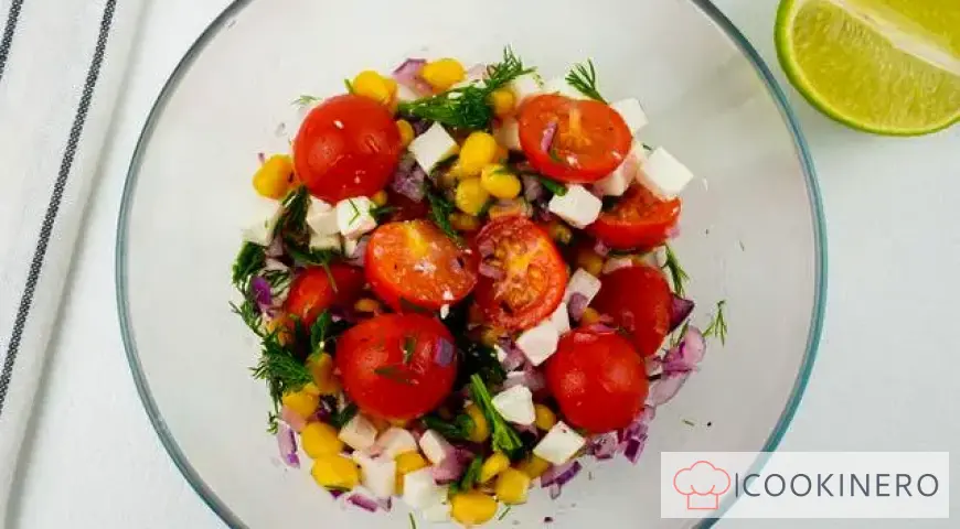 Salad with corn, cherry tomatoes and feta cheese