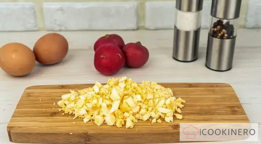 Okroshka con agua y mayonesa y carne de res