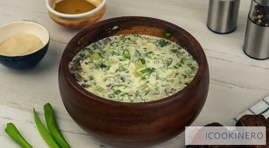 Okroshka con agua y mayonesa y carne de res