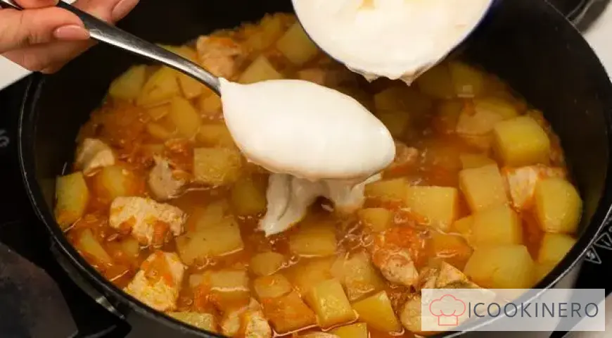Potatoes with chicken in sour cream sauce