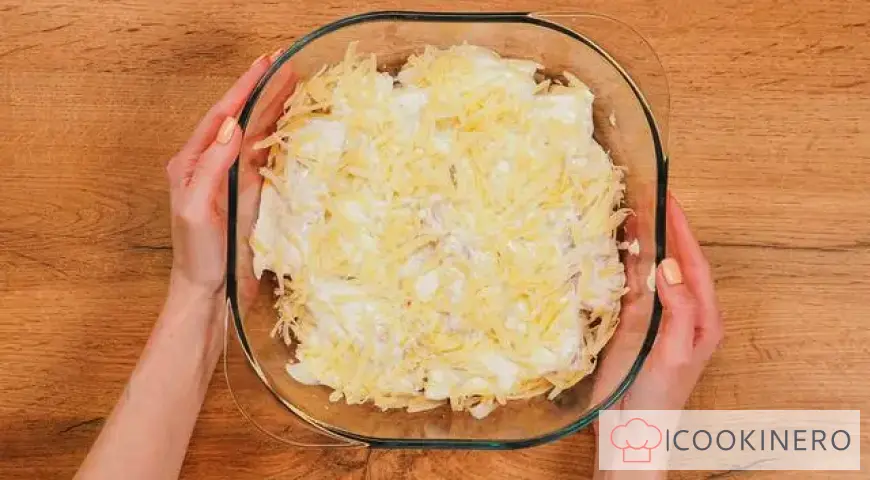 Baked pollock in sour cream with cheese