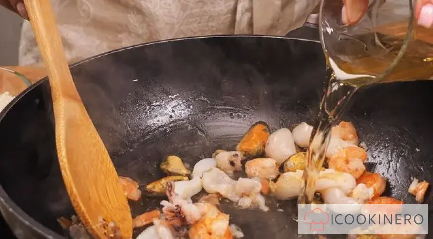 Paella with seafood and chicken