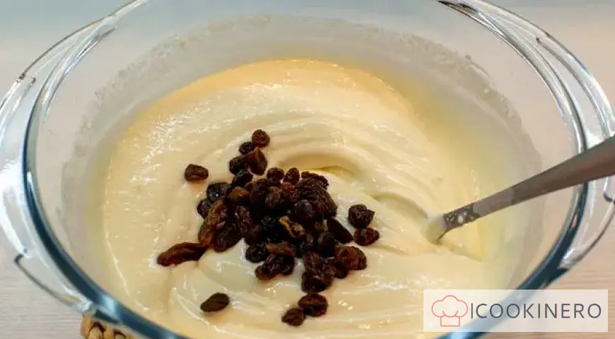 Homemade cottage cheese casserole with raisins