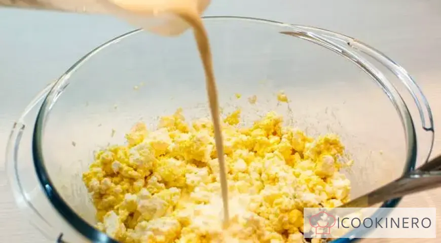 Homemade cottage cheese casserole with raisins
