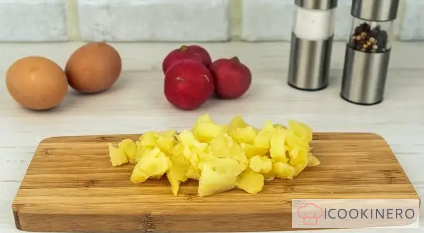 Okroshka con agua y mayonesa y carne de res