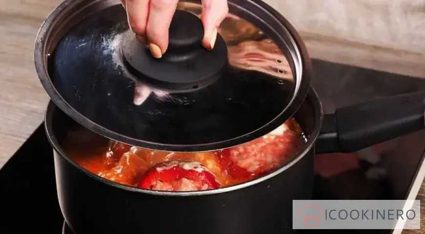Peppers stuffed with meat in a saucepan