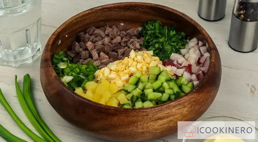 Okroshka con agua y mayonesa y carne de res