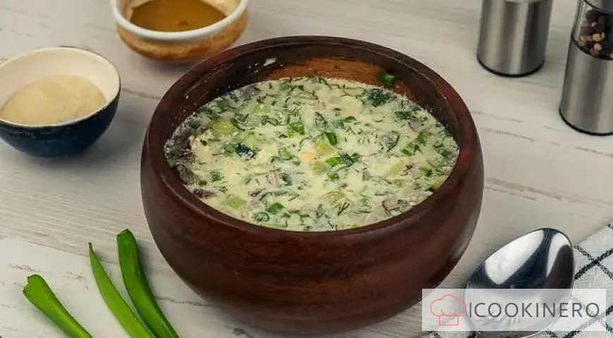 Okroshka con agua y mayonesa y carne de res