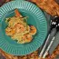 Spaghetti with shrimps in creamy garlic sauce