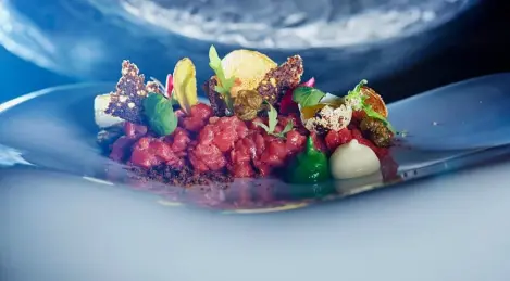 Beef tartare with truffle flavored parmesan mousse and spinach cream