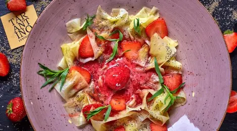 Pineapple and strawberries with raspberry sorbet and tarragon