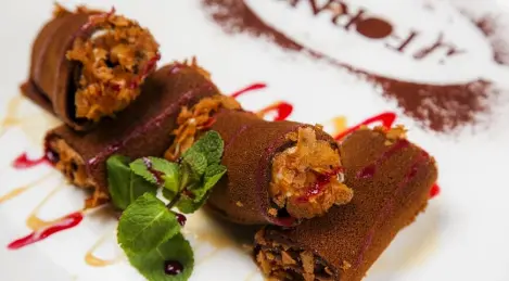 Rye pancakes with orange mousse and waffle crumbs from Alexey Besedin