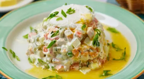 Olivier with chicken breast and poached egg