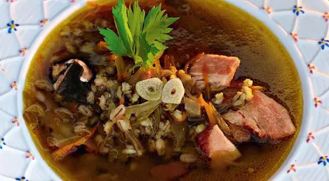 Mushroom soup with beef, barley and celery