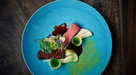 Ternera sobre puré de perejil con salsa de colmenillas