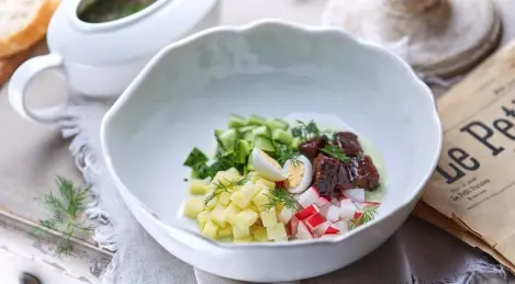 Okroshka with glazed cheeks