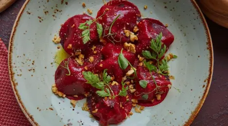 Beetroot Ravioli with Avocado and Walnuts