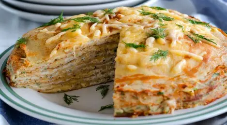 Pancake pie with chicken and mushrooms