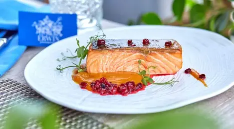 Pavé de saumon avec potiron cuit au four et sauce aux airelles trempées