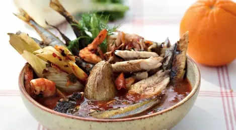 Grilled shrimp and bouillabaisse