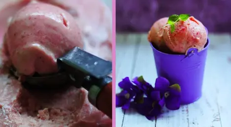 Yoghurt ice cream with strawberry and banana