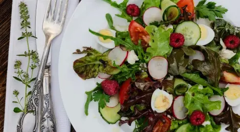 Raspberry salad with mozzarella and seasonal vegetables