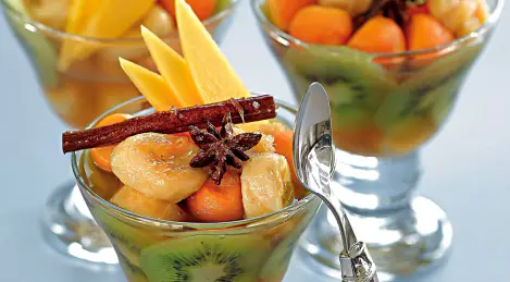 Exotic fruits with ginger syrup