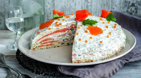 Pancake pie with salmon and soft cheese