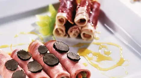 Mortadella rolls with vegetables and truffles